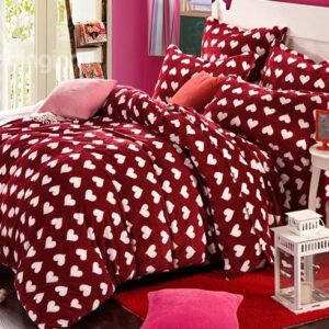 Warm Flannel Dark Red Heart Shape Pattern Kids 3-Piece Duvet Cover Set