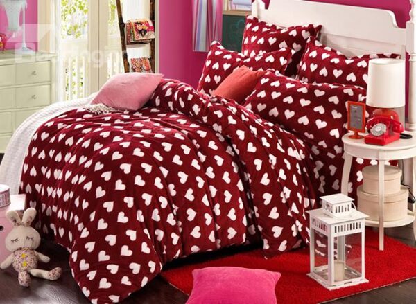 Warm Flannel Dark Red Heart Shape Pattern Kids 3-Piece Duvet Cover Set