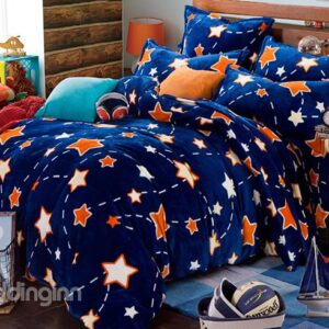 Dark Blue Warm Flannel Stars Pattern Kids 3-Piece Duvet Cover Set