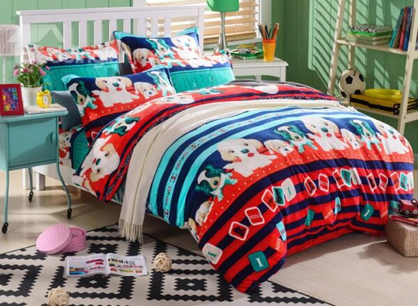 Warm Flannel Cute Dogs Pattern Kids 3-Piece Duvet Cover Set