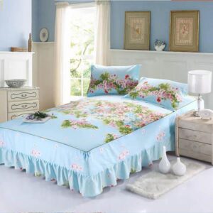 Graceful Flowers Design Blue Bed Skirt with 2-Piece Pillow Cases