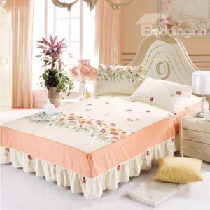 Refreshing Little Flowers Design Beige Bed Skirt with 2-Piece Pillow Cases