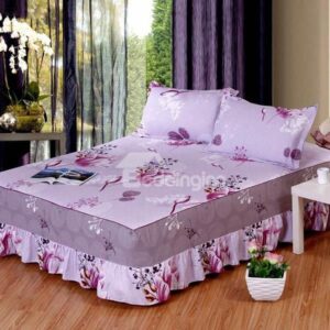 Graceful Flowers Print Cotton Purple Bed Skirt with 2-Piece Pillow Cases