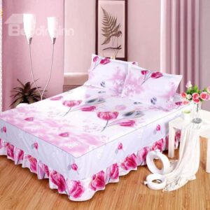 Romantic Pink Flowers Design Bed Skirt with 2-Piece Pillow Cases