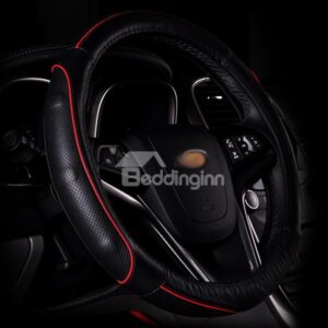 Classic and Sporty Black Leather Material With Colored Lines Steering Wheel Cover