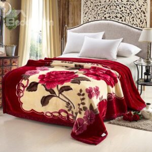 Super Warm Vintage Red Flowers Design Raschel Blanket