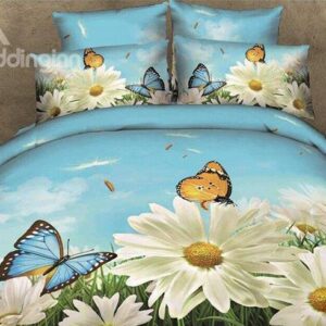 White Flowers and Butterflies Print Cotton 4-Piece Duvet Cover Sets