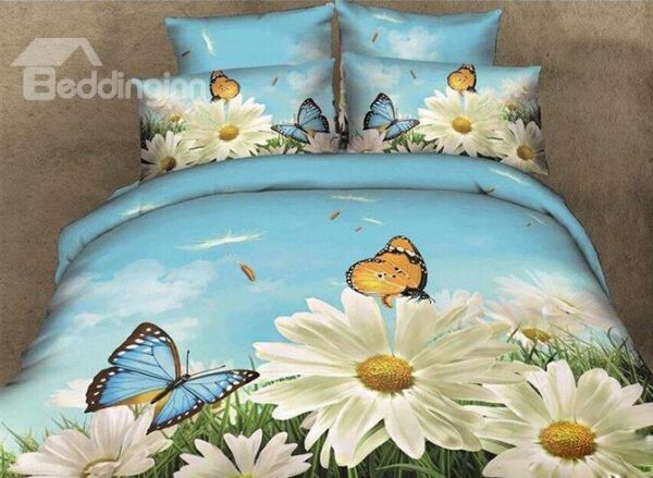 White Flowers and Butterflies Print Cotton 4-Piece Duvet Cover Sets