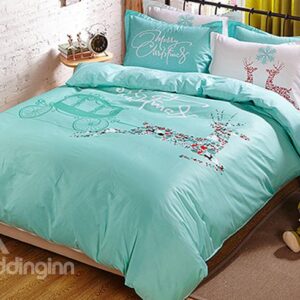Merry Christmas Elegant Deer and Carriage Print Kids 4-Piece Duvet Cover Set