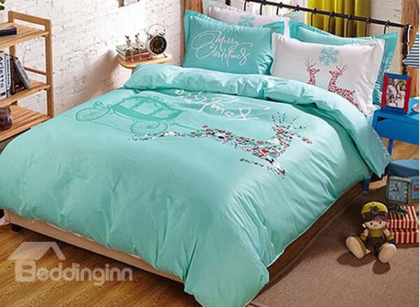 Merry Christmas Elegant Deer and Carriage Print Kids 4-Piece Duvet Cover Set