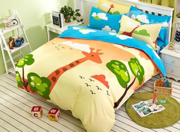 100% Cotton Lovely Giraffe and Tree Print Kids 4-Piece Duvet Cover Set