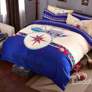 100% Cotton Ship Print Sailing Theme Kids 4-Piece Duvet Cover Set