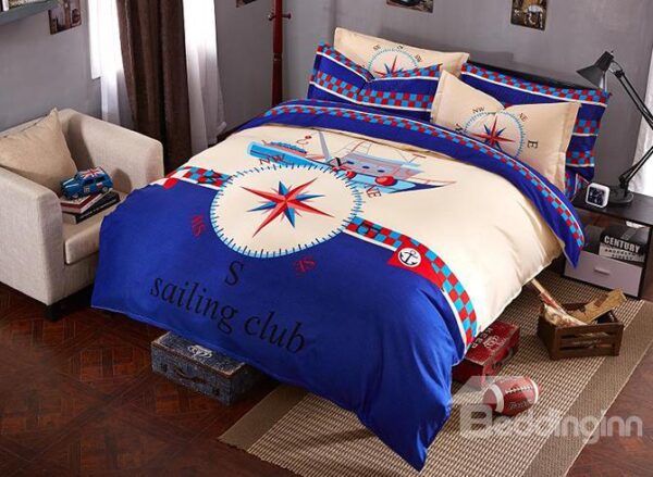 100% Cotton Ship Print Sailing Theme Kids 4-Piece Duvet Cover Set
