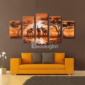 Creative African Style Elephants in Forest 5-Panel Wall Art Prints