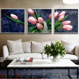 Gorgeous Pink Tulip with Green Leaves 3-Panel Wall Art Prints