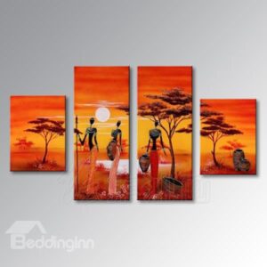 Modern African Style Locals and Nature Scene 4-Panel Wall Art Prints