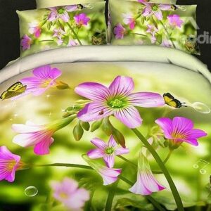 Fresh Butterflies Flowers Print Green 4-Piece Cotton Duvet Cover Sets