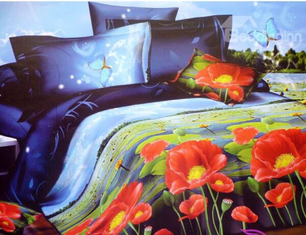 Night Scenery of Lotus Pond Print 4-Piece Duvet Cover Sets