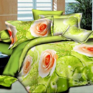 Roses Print Fresh Green 4-Piece Duvet Cover Sets