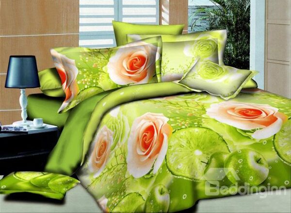 Roses Print Fresh Green 4-Piece Duvet Cover Sets
