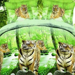 Tigers in Forest Print Green 4-Piece Duvet Cover Sets
