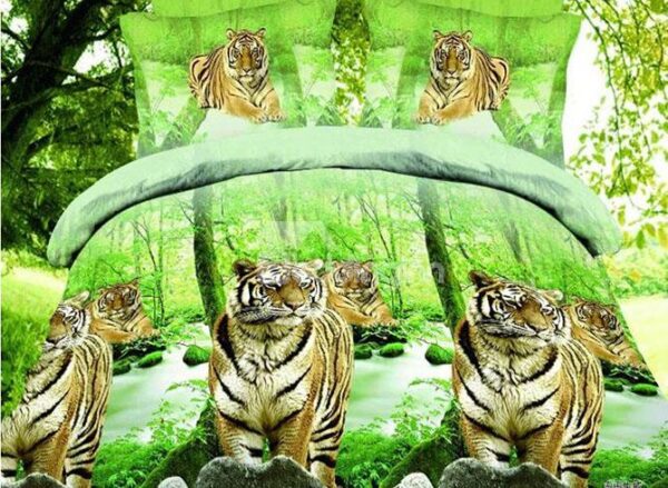 Tigers in Forest Print Green 4-Piece Duvet Cover Sets