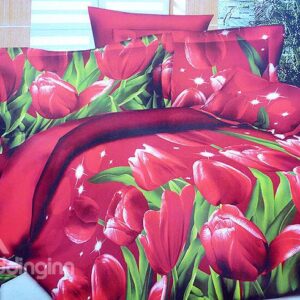 Gorgeous Red Tulips Print Skin-care 4-Piece Polyester Duvet Cover Sets
