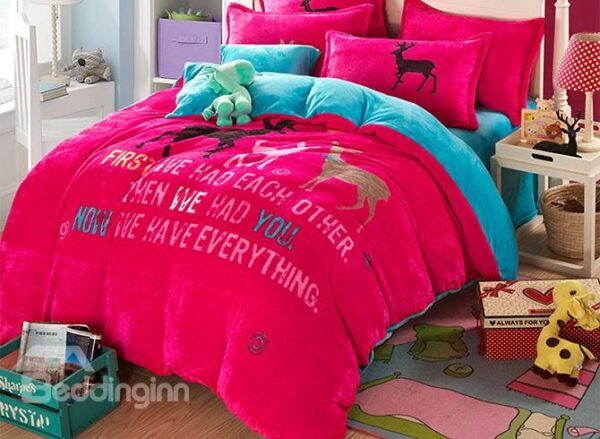 Warm Flannel Deer Family Print 4-Piece Duvet Cover Set