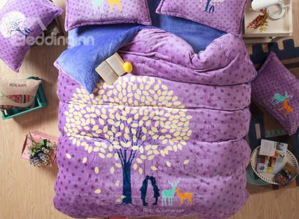 Light Purple Tree Print and Polka Dot Pattern 4-Piece Duvet Cover Set