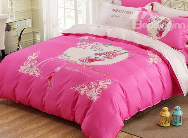 Lovely Opera Figure and Flowers Print 4-Piece Duvet Cover Set