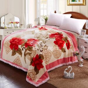 Red Flowers Print Thick Comfy Raschel Blanket