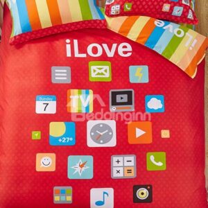 100% Cotton Trendy Mobile Apps Print 4-Piece Duvet Cover Set