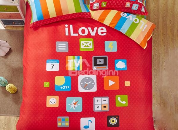 100% Cotton Trendy Mobile Apps Print 4-Piece Duvet Cover Set