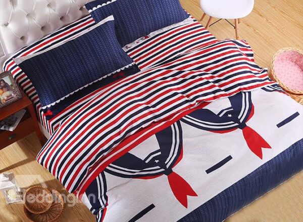Stripes Pattern Lovely Collar Print Kids 4-Piece Duvet Cover Set