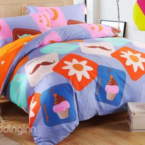 Adorable Mustache and Cupcake Pattern 4-Piece Duvet Cover Set