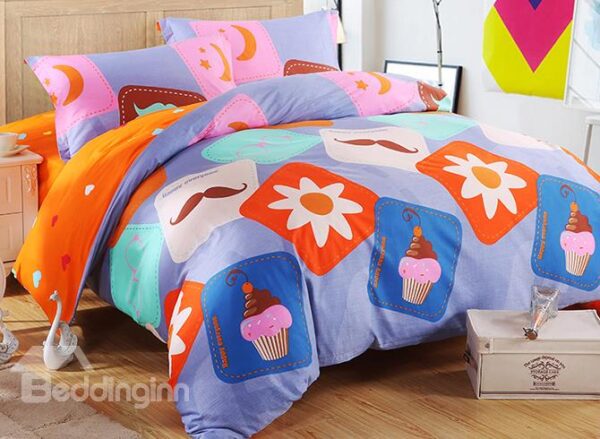 Adorable Mustache and Cupcake Pattern 4-Piece Duvet Cover Set