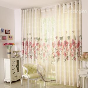 Elegant Red Floral Pattern Grommet Top Curtain