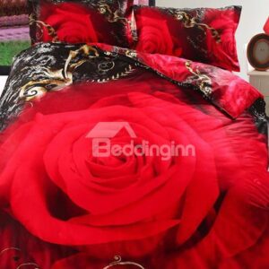 Lifelike Red Rose Printing Cotton 4-Piece Duvet Cover Sets