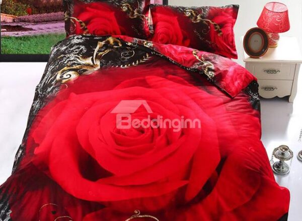 Lifelike Red Rose Printing Cotton 4-Piece Duvet Cover Sets