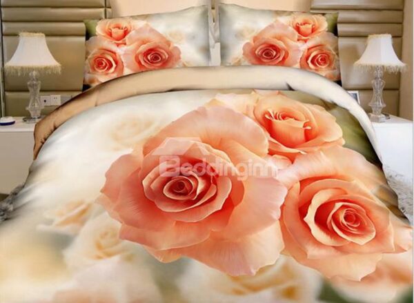 Three Aurantia Roses Print Cotton 4-Piece Duvet Cover Sets
