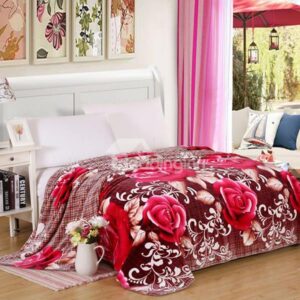 Red Roses Print and Plaid Design Polyester Blanket