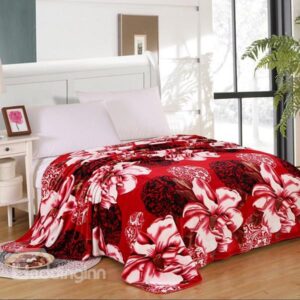 Fancy Blooming Flowers Printing Red Polyester Blanket