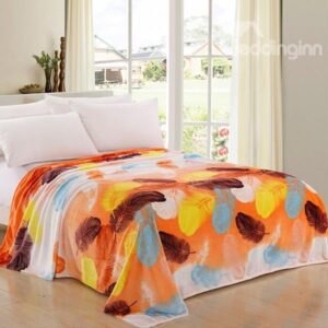 Colorful Feathers Printing Fluffy Warm Flannel Blanket