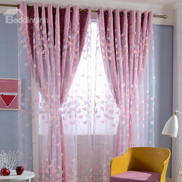 Lovely Pink Butterfly Print Cinderella Grommet Top Curtain & Matching Sheer