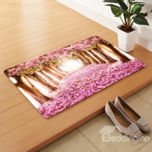 Fantastic Tree-Lined Lane Covered in Pink Flower Anti-Slipping Doormat