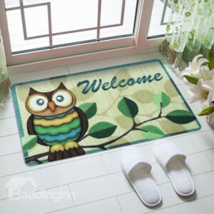 Cartoon Owl Sitting on Tree Branch Welcome Anti-Slipping Doormat