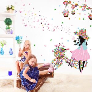 Colorful Butterflies Girl with Flower Bike Print Wall Sticker