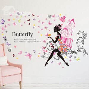 Colorful Butterflies Girl with Wings Print Wall Sticker