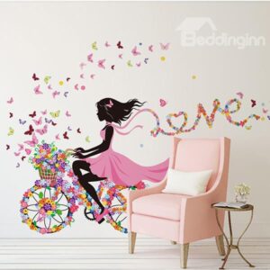 Colorful Butterflies Girl Riding Flower Bike Print Wall Sticker
