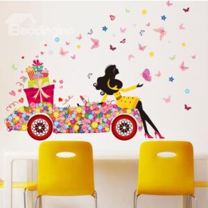 Fresh and Colorful Girl Sitting on Flower Car Print Kids Wall Sticker